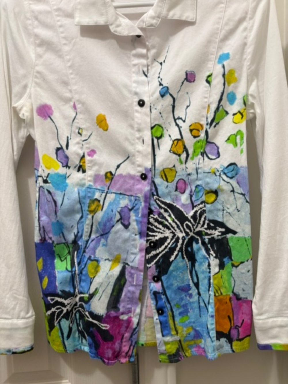 Simply Art by Dolcezza sz XS blouse tunic top white with multicolour florals